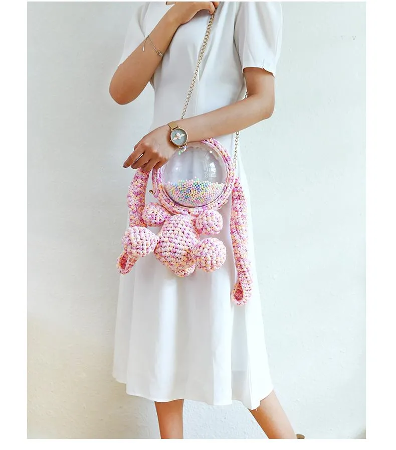 Cute Yellow&White Crochet Bunny Backpack Rabbit Crochet Shoulder Bag for Girl Bunny Crochet Crossbody Purse