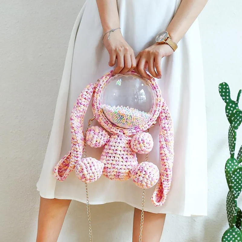 Cute Yellow&White Crochet Bunny Backpack Rabbit Crochet Shoulder Bag for Girl Bunny Crochet Crossbody Purse