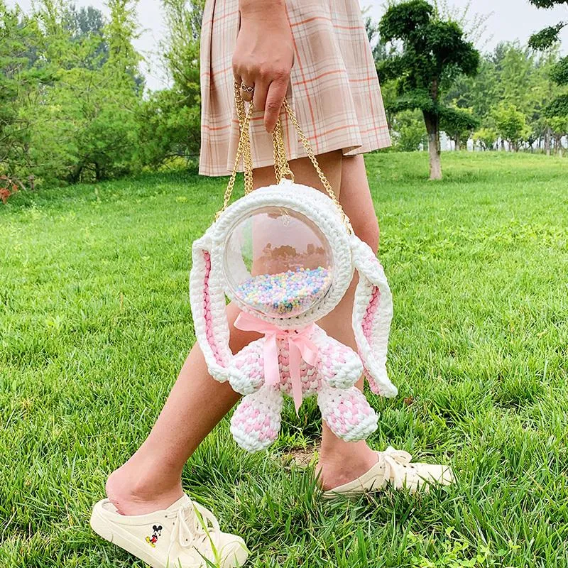 Cute Yellow&White Crochet Bunny Backpack Rabbit Crochet Shoulder Bag for Girl Bunny Crochet Crossbody Purse