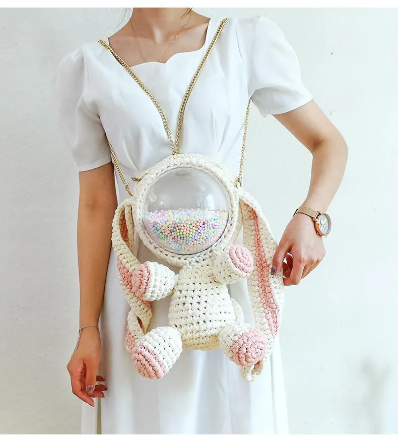 Cute Yellow&White Crochet Bunny Backpack Rabbit Crochet Shoulder Bag for Girl Bunny Crochet Crossbody Purse