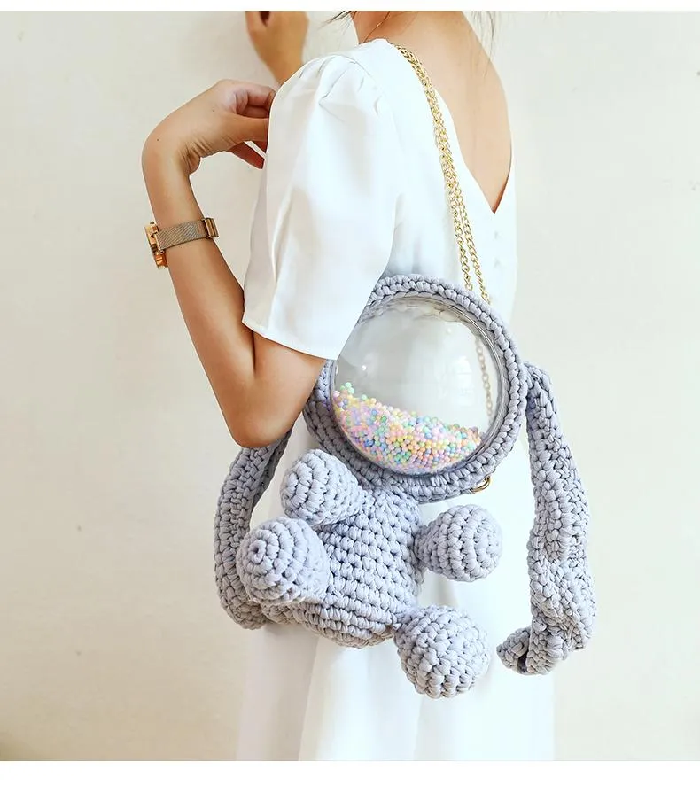 Cute Yellow&White Crochet Bunny Backpack Rabbit Crochet Shoulder Bag for Girl Bunny Crochet Crossbody Purse