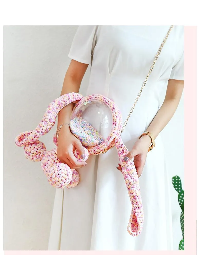Cute Yellow&White Crochet Bunny Backpack Rabbit Crochet Shoulder Bag for Girl Bunny Crochet Crossbody Purse