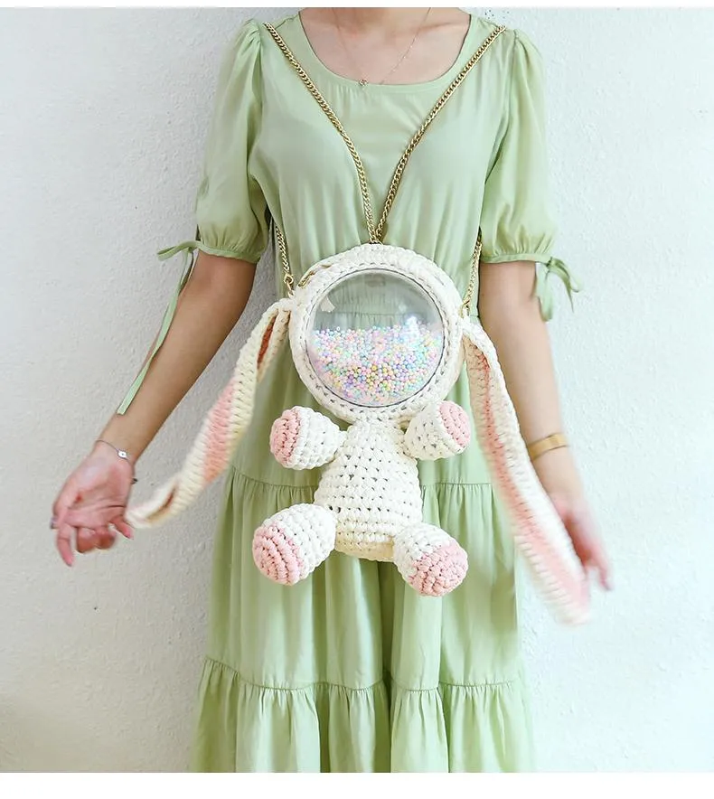 Cute Yellow&White Crochet Bunny Backpack Rabbit Crochet Shoulder Bag for Girl Bunny Crochet Crossbody Purse