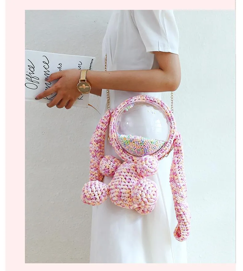 Cute Yellow&White Crochet Bunny Backpack Rabbit Crochet Shoulder Bag for Girl Bunny Crochet Crossbody Purse