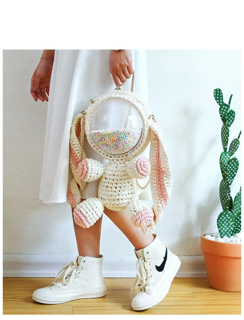 Cute Yellow&White Crochet Bunny Backpack Rabbit Crochet Shoulder Bag for Girl Bunny Crochet Crossbody Purse