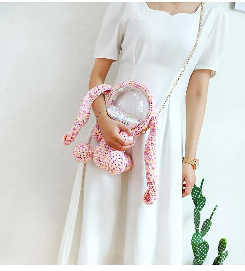 Cute Yellow&White Crochet Bunny Backpack Rabbit Crochet Shoulder Bag for Girl Bunny Crochet Crossbody Purse