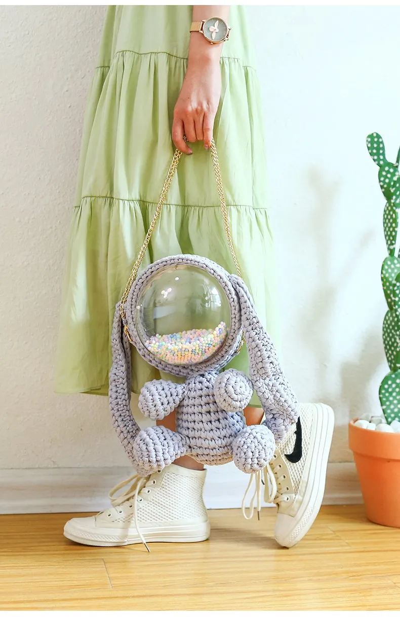 Cute Yellow&White Crochet Bunny Backpack Rabbit Crochet Shoulder Bag for Girl Bunny Crochet Crossbody Purse