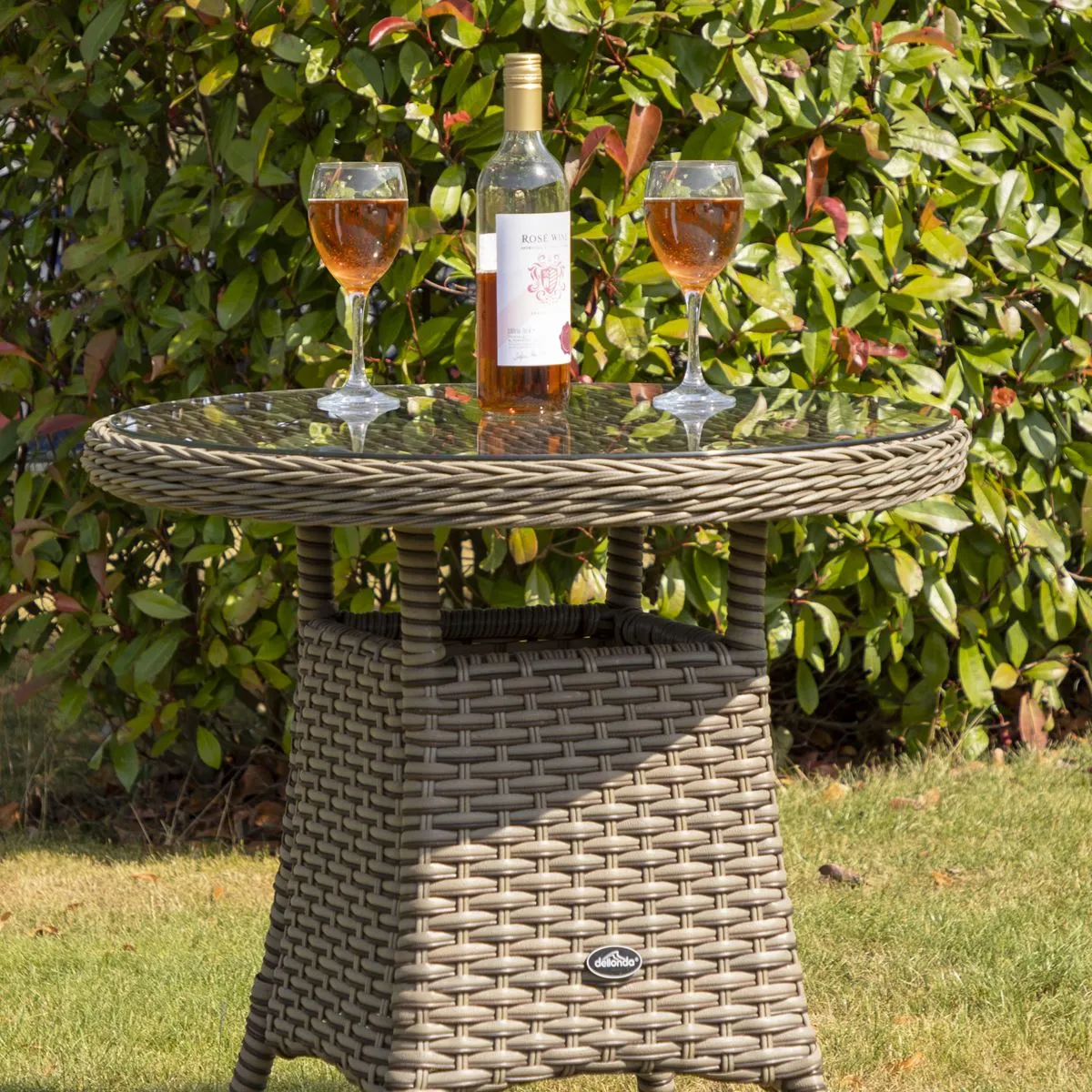 Dellonda Chester Rattan Wicker Outdoor Bistro Table with Tempered Glass Top, Brown