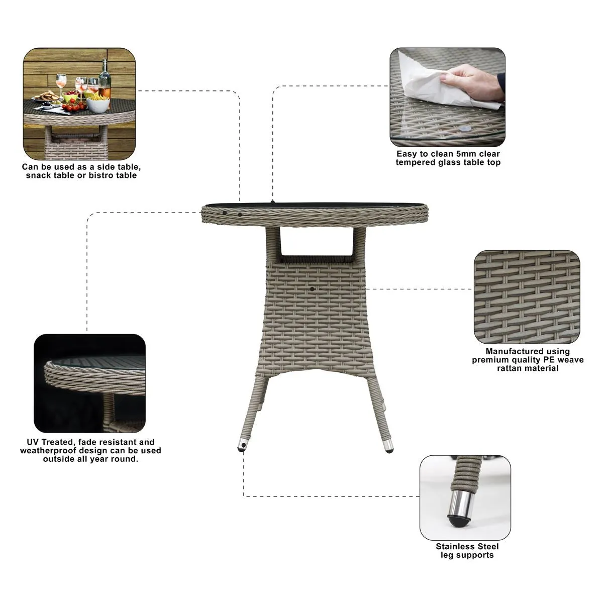 Dellonda Chester Rattan Wicker Outdoor Bistro Table with Tempered Glass Top, Brown