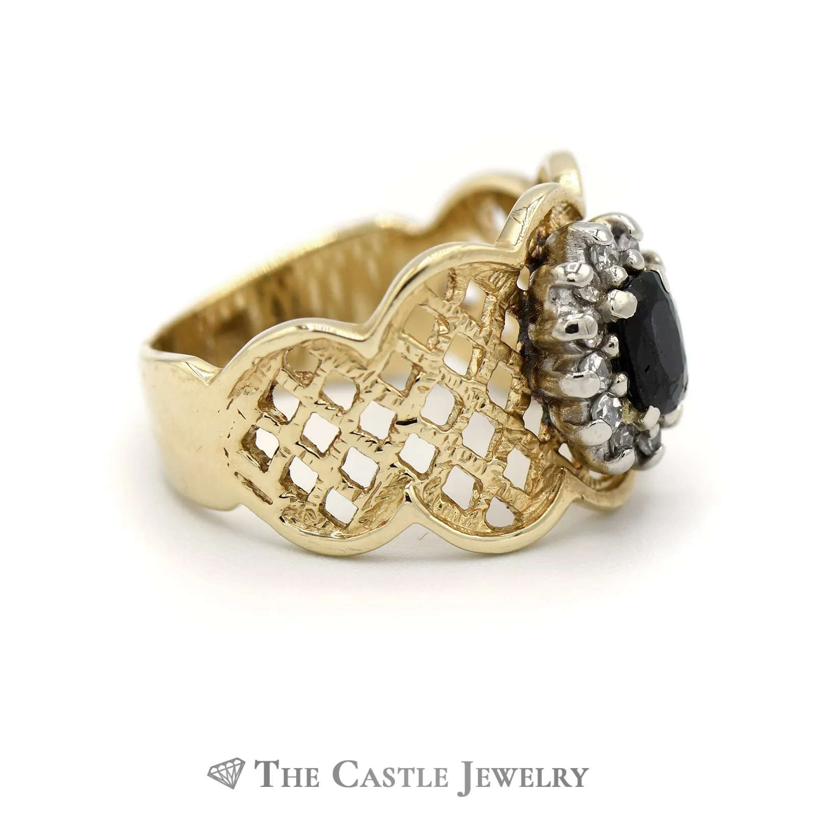 Diamond and Synthetic Sapphire Ring with Lattice Designed Sides