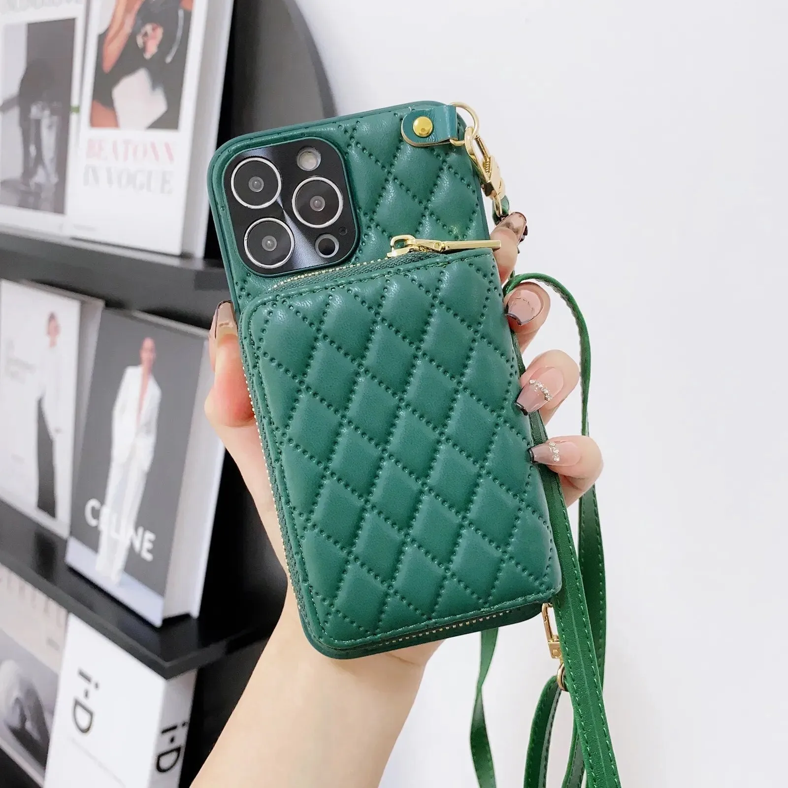 Diamond Lattice Zipper Leather Purse iPhone Case