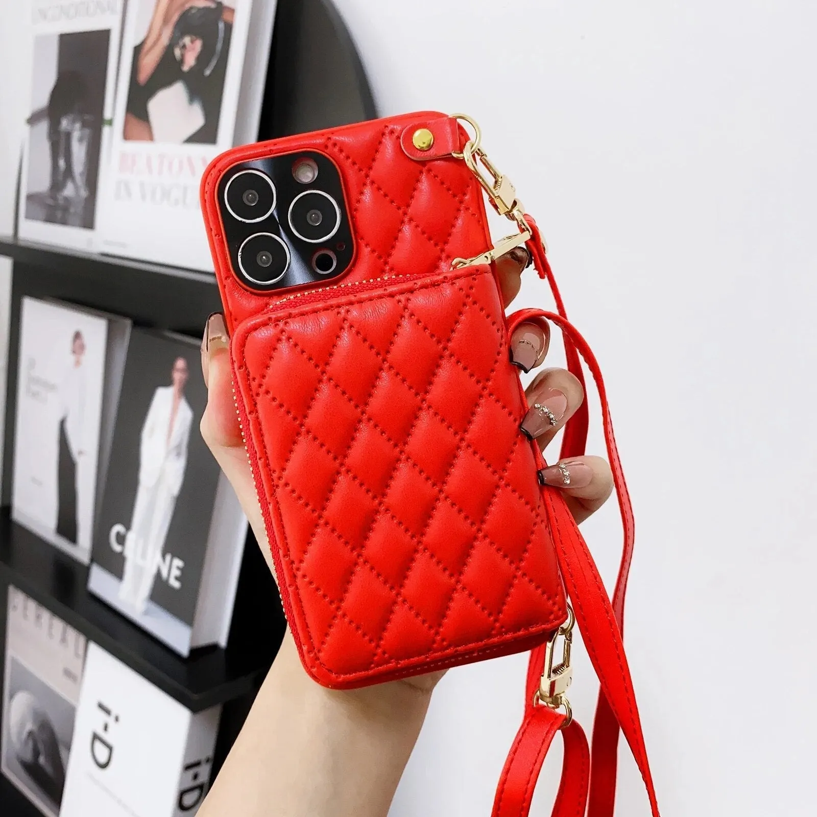 Diamond Lattice Zipper Leather Purse iPhone Case