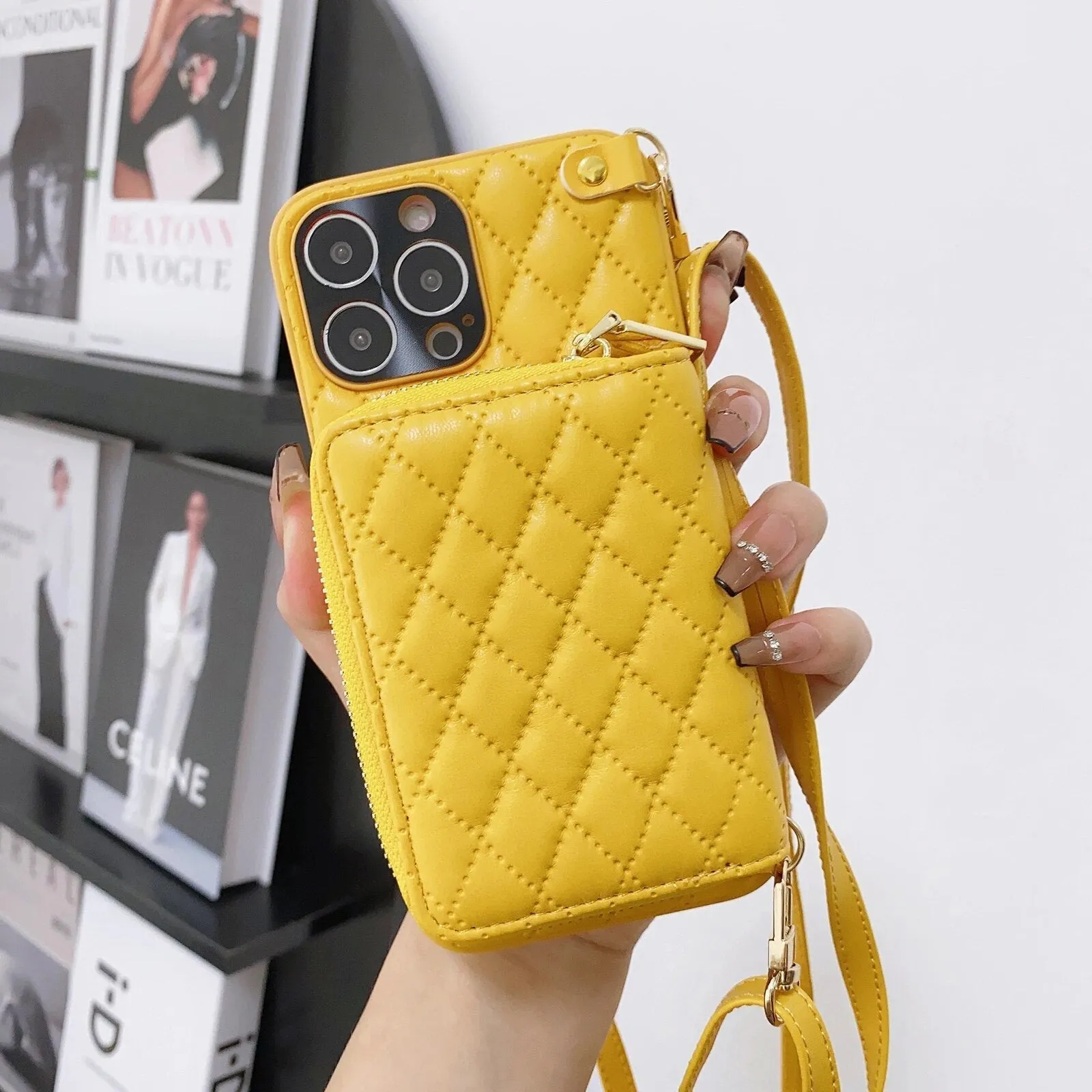 Diamond Lattice Zipper Leather Purse iPhone Case