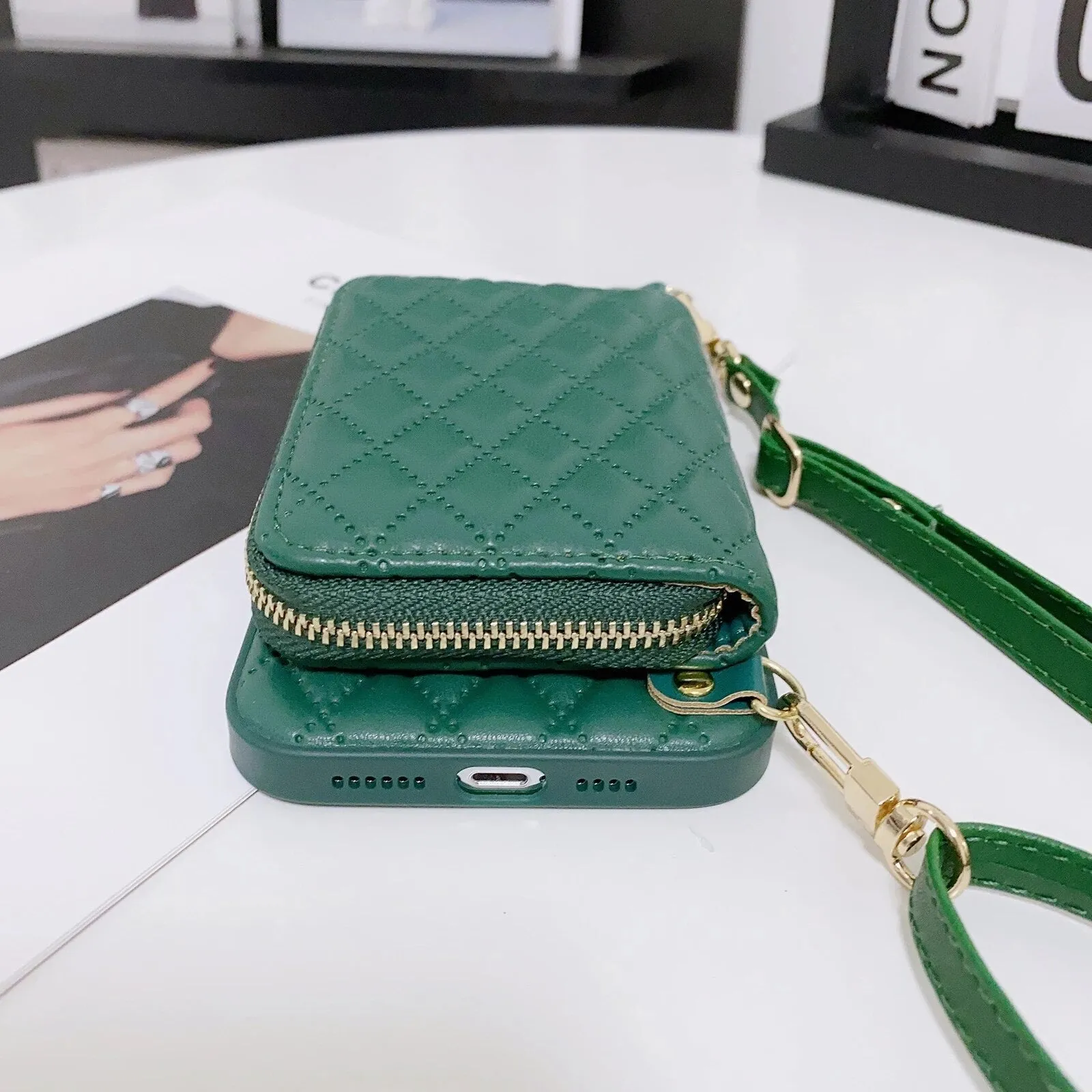 Diamond Lattice Zipper Leather Purse iPhone Case