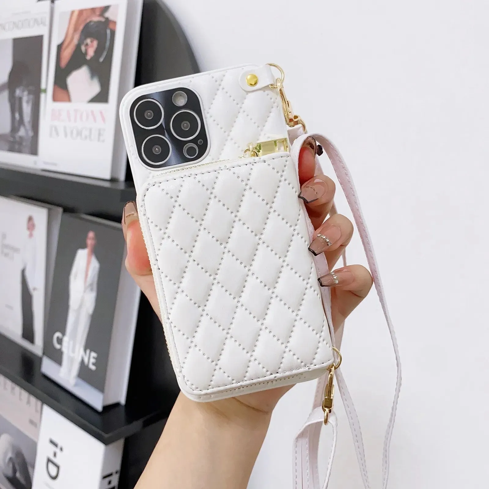 Diamond Lattice Zipper Leather Purse iPhone Case