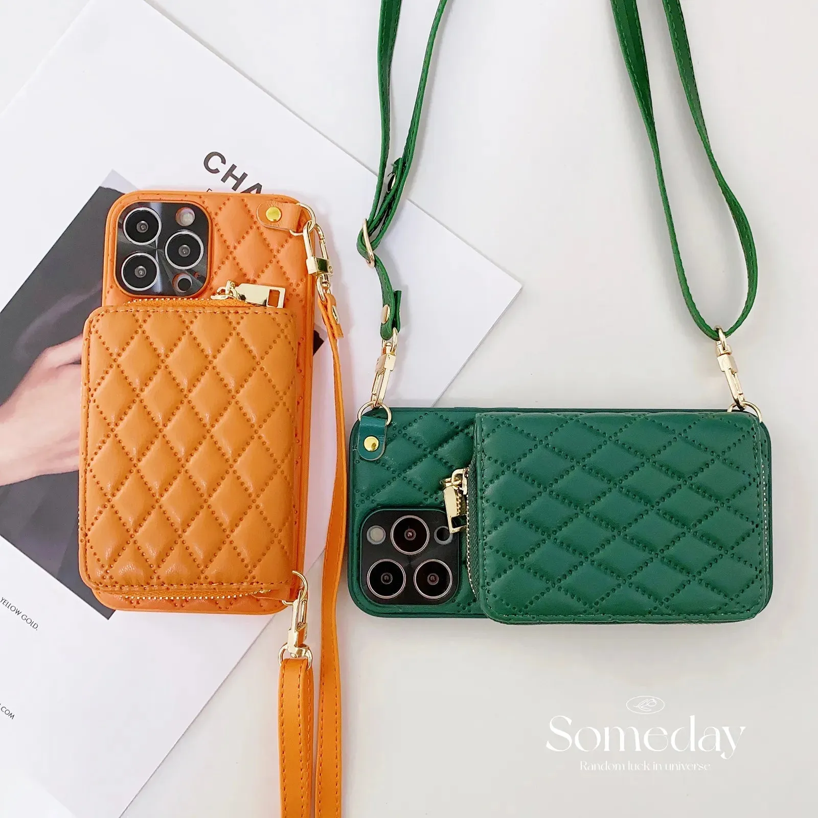 Diamond Lattice Zipper Leather Purse iPhone Case