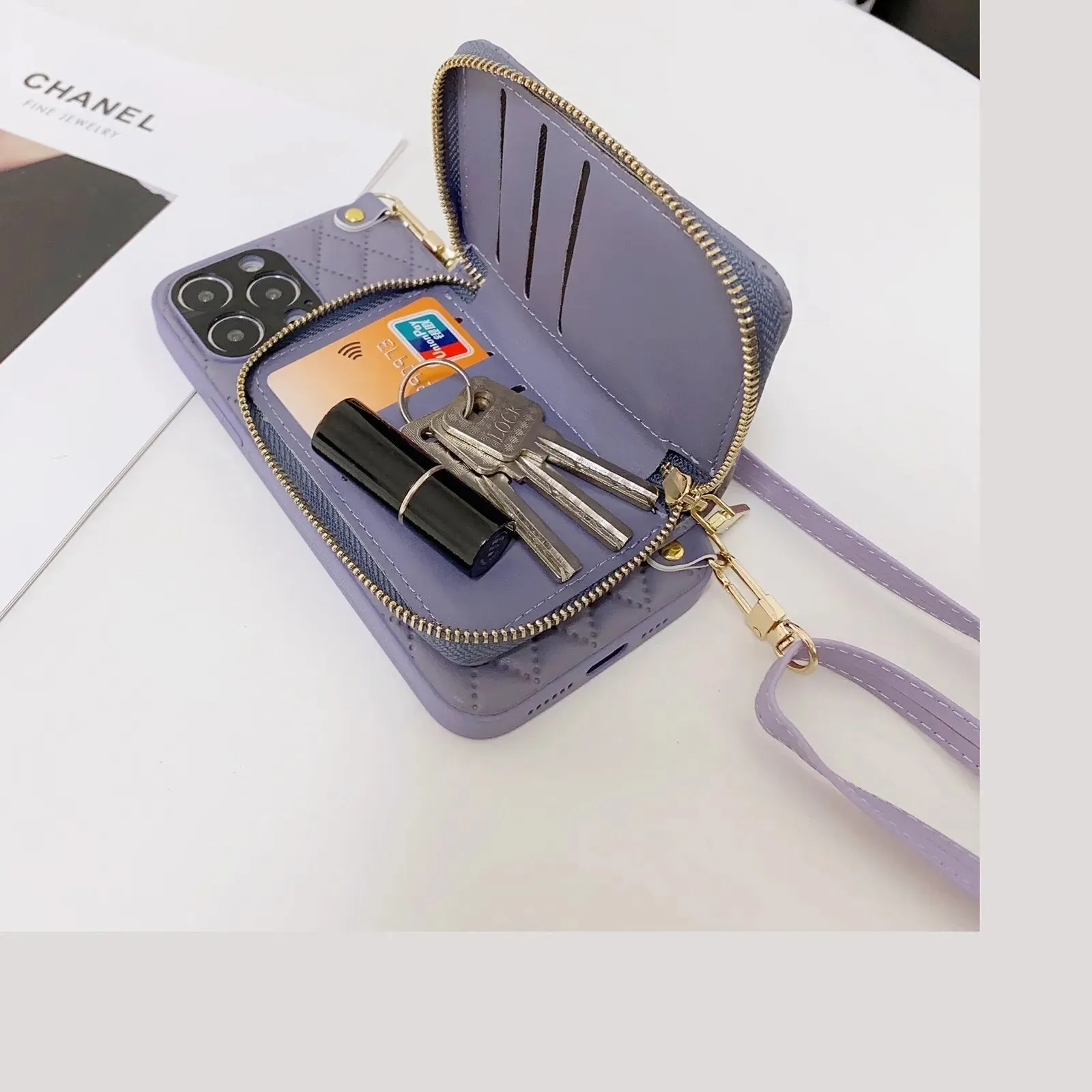 Diamond Lattice Zipper Leather Purse iPhone Case