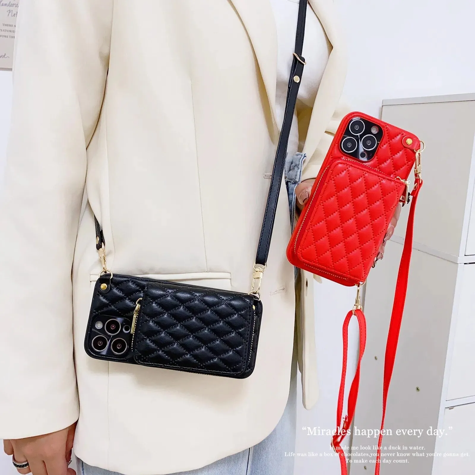 Diamond Lattice Zipper Leather Purse iPhone Case