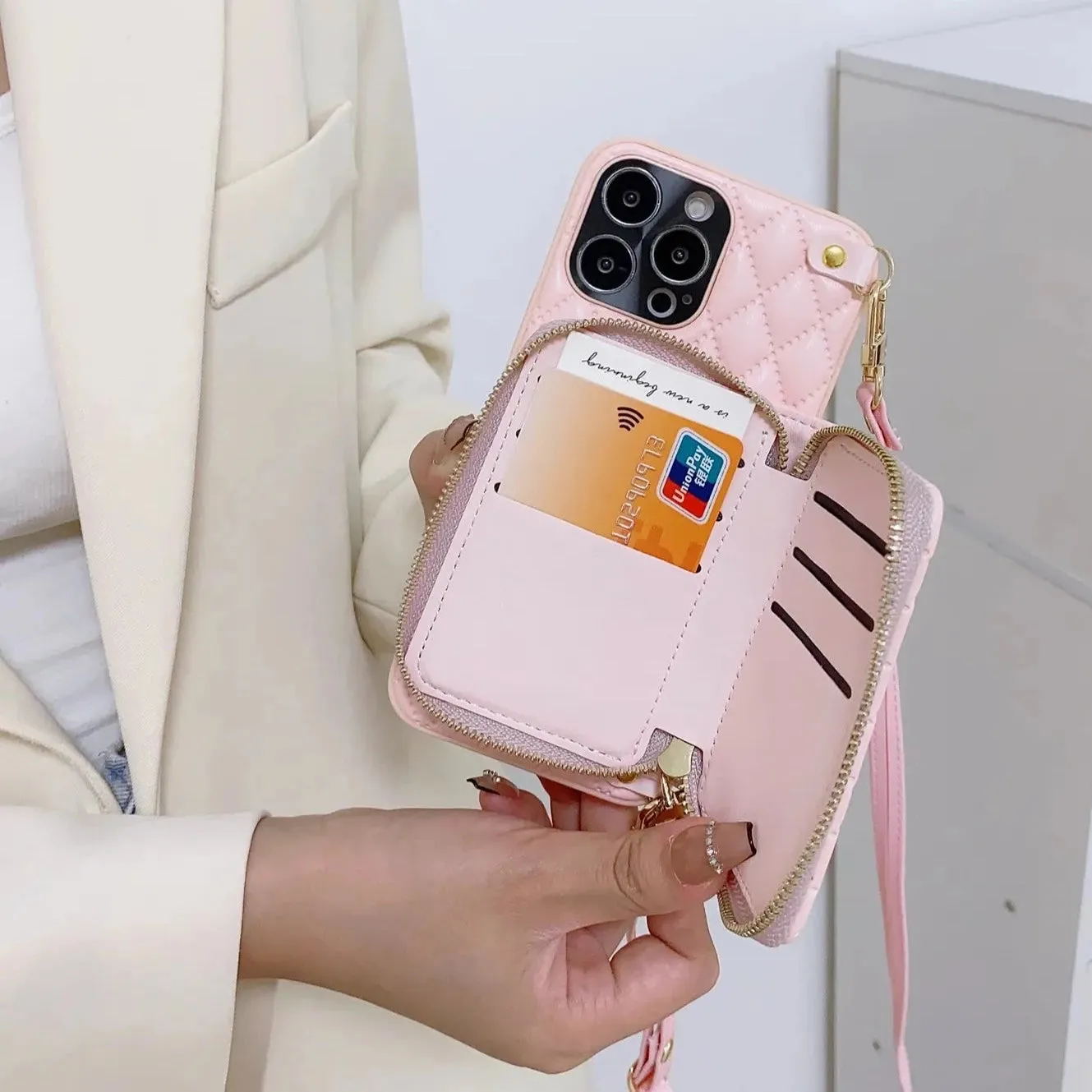 Diamond Lattice Zipper Leather Purse iPhone Case
