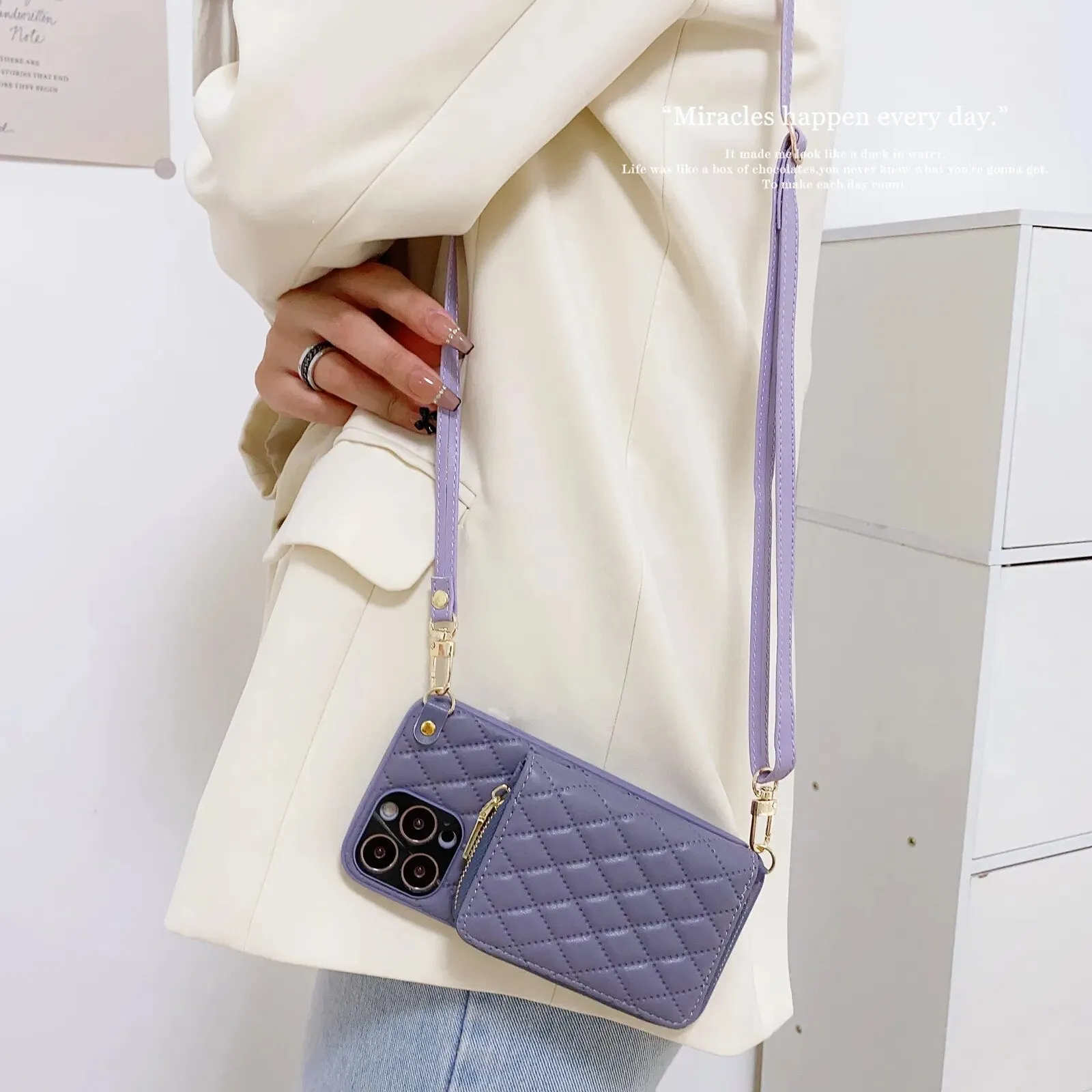 Diamond Lattice Zipper Leather Purse iPhone Case