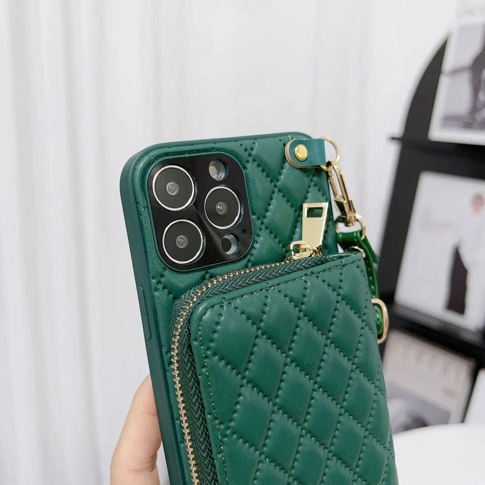 Diamond Lattice Zipper Leather Purse iPhone Case