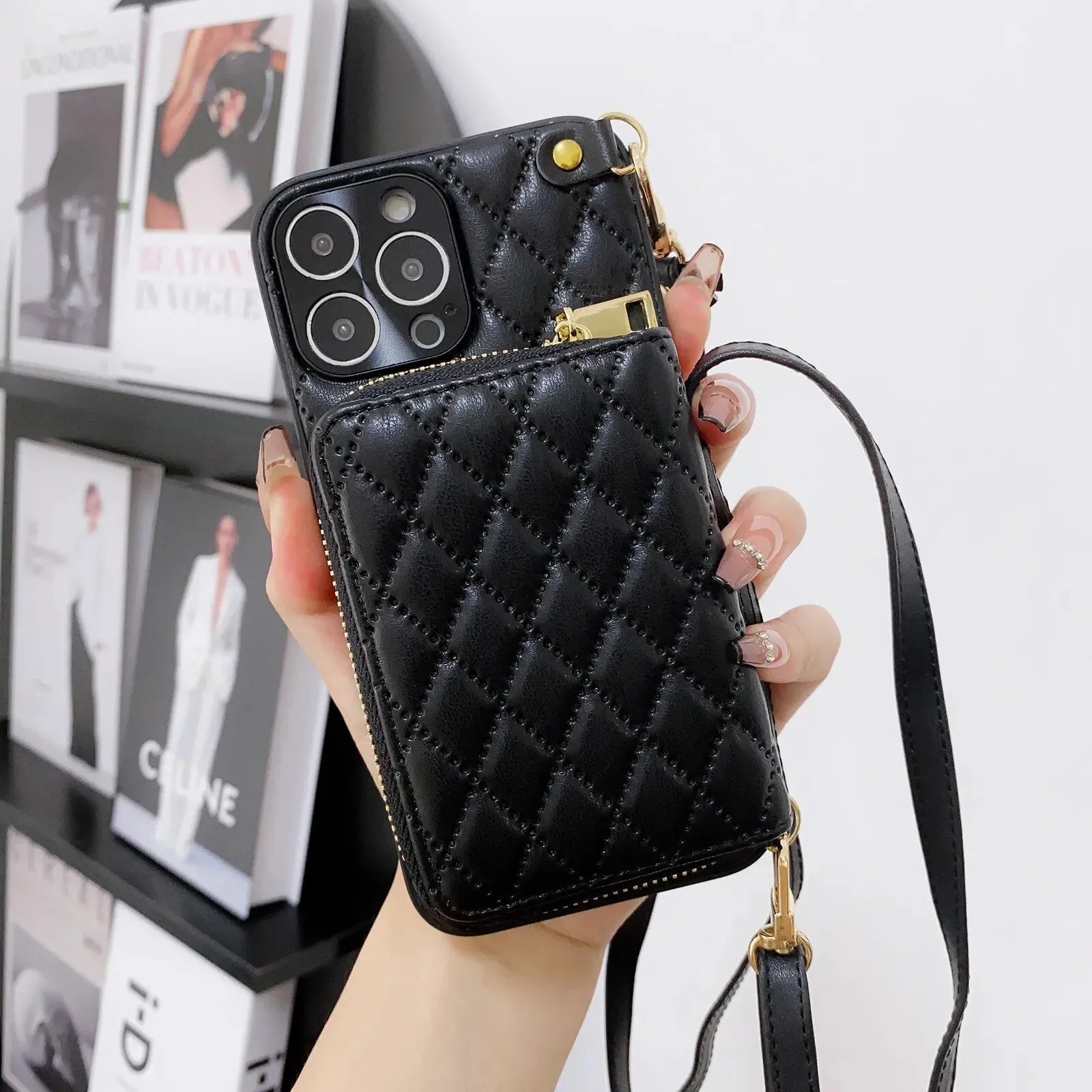 Diamond Lattice Zipper Leather Purse iPhone Case
