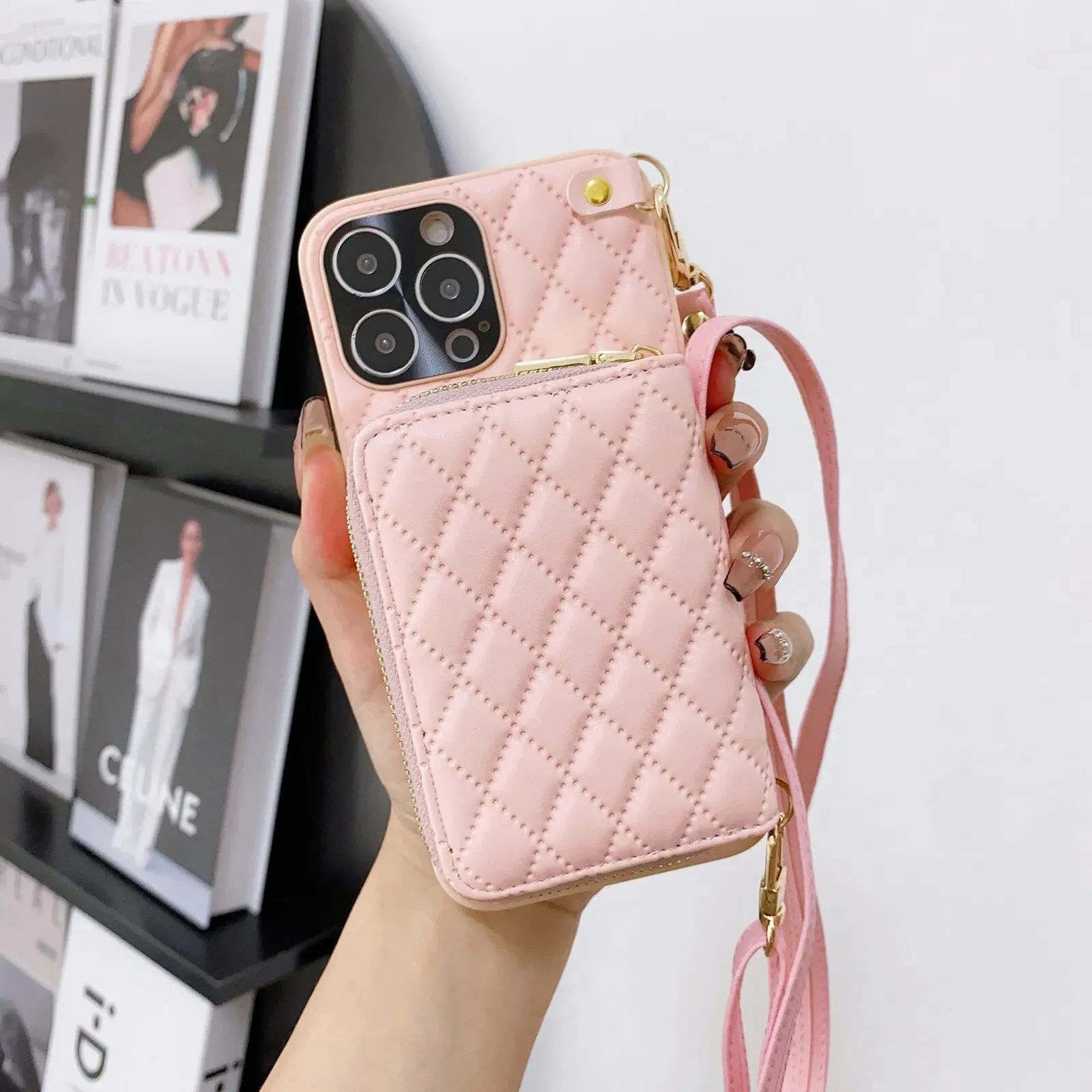 Diamond Lattice Zipper Leather Purse iPhone Case