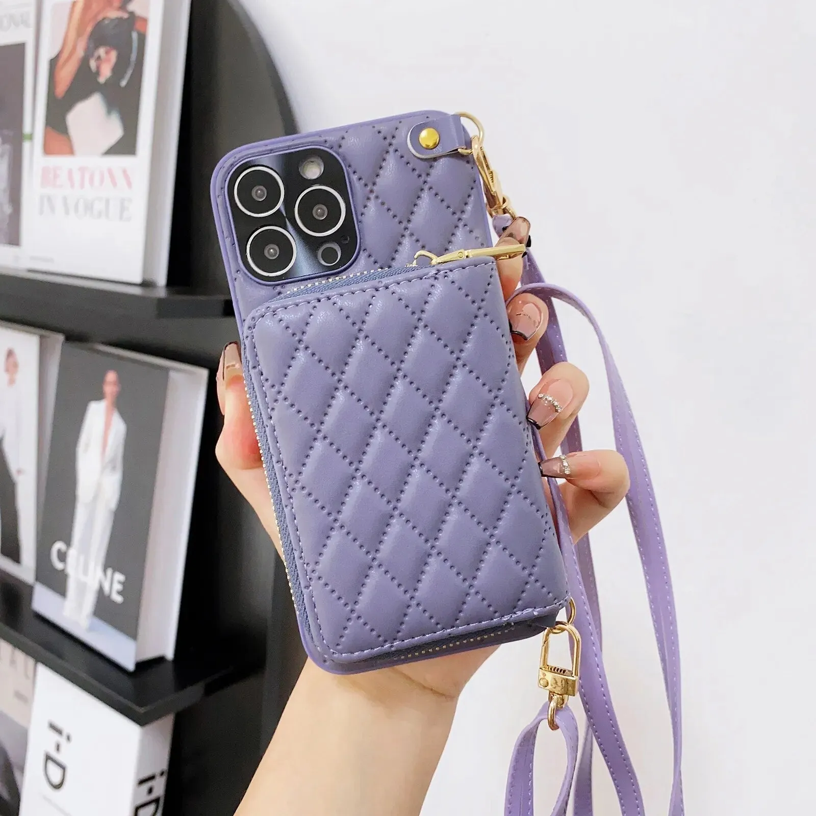 Diamond Lattice Zipper Leather Purse iPhone Case