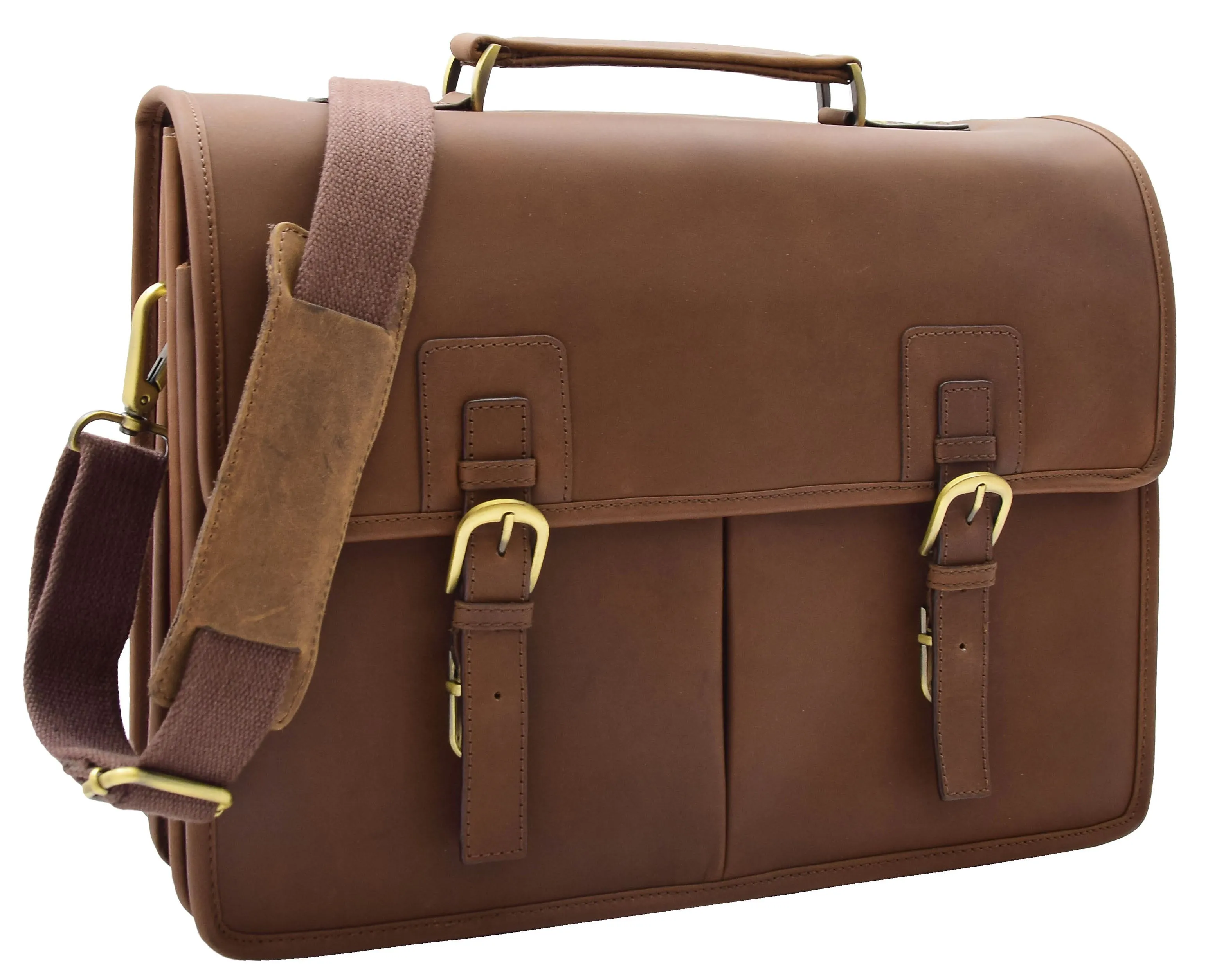 DR296 Men's Leather Briefcase Cross Body Bag Brown Mud