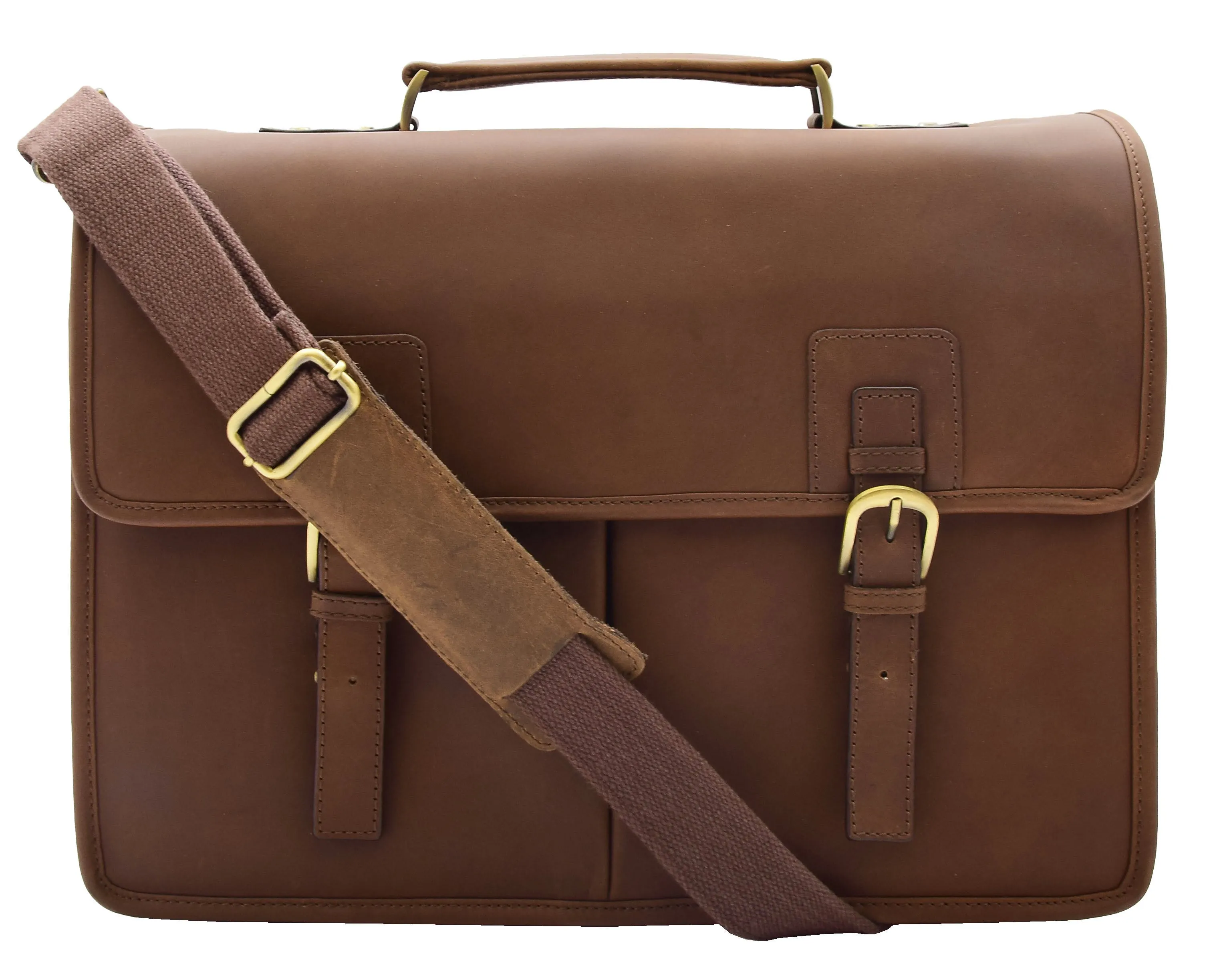 DR296 Men's Leather Briefcase Cross Body Bag Brown Mud