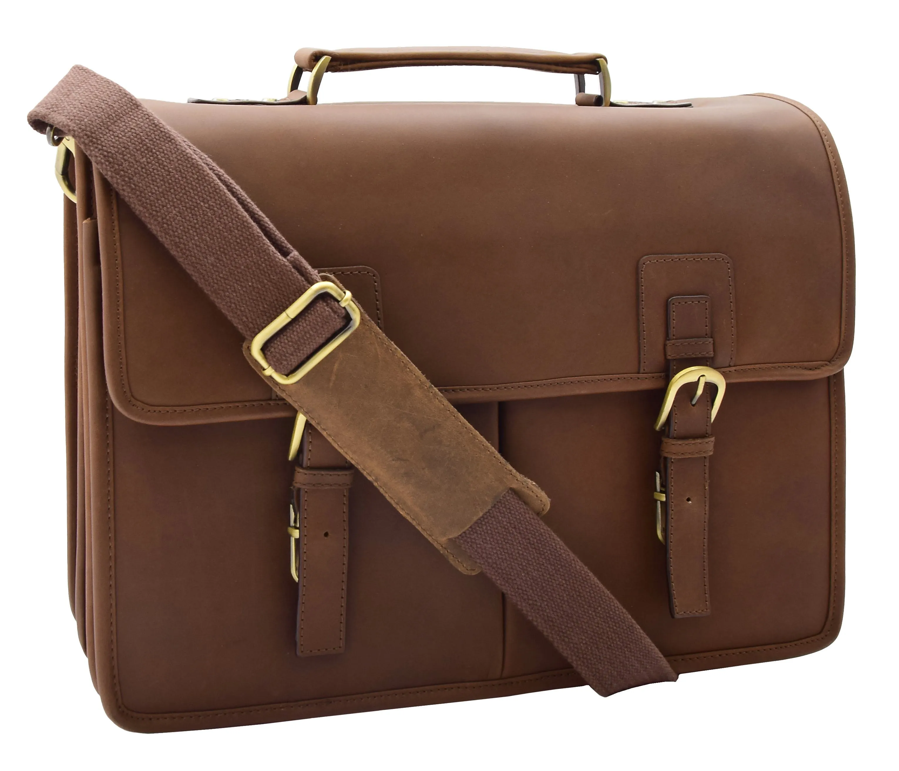 DR296 Men's Leather Briefcase Cross Body Bag Brown Mud