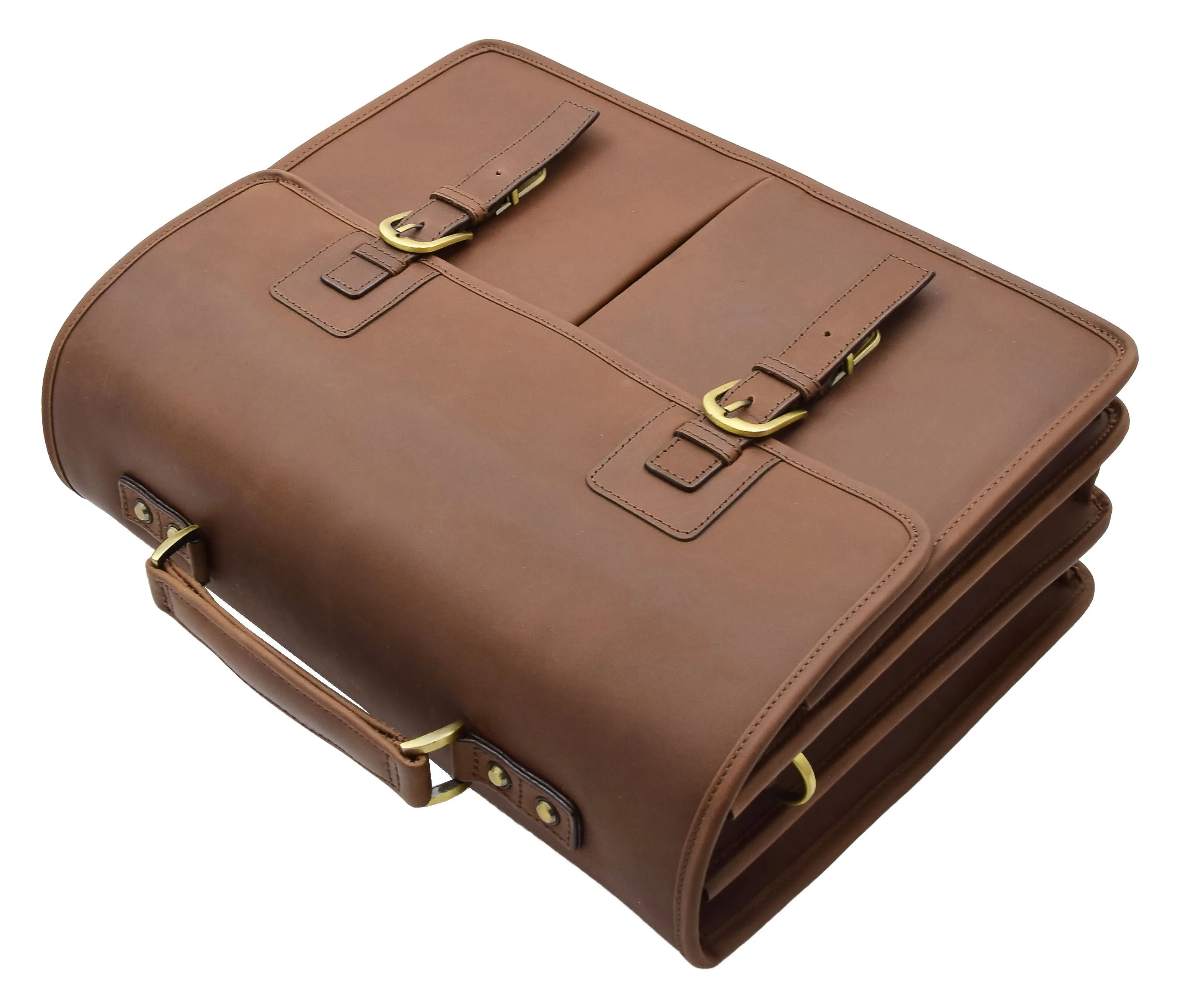 DR296 Men's Leather Briefcase Cross Body Bag Brown Mud