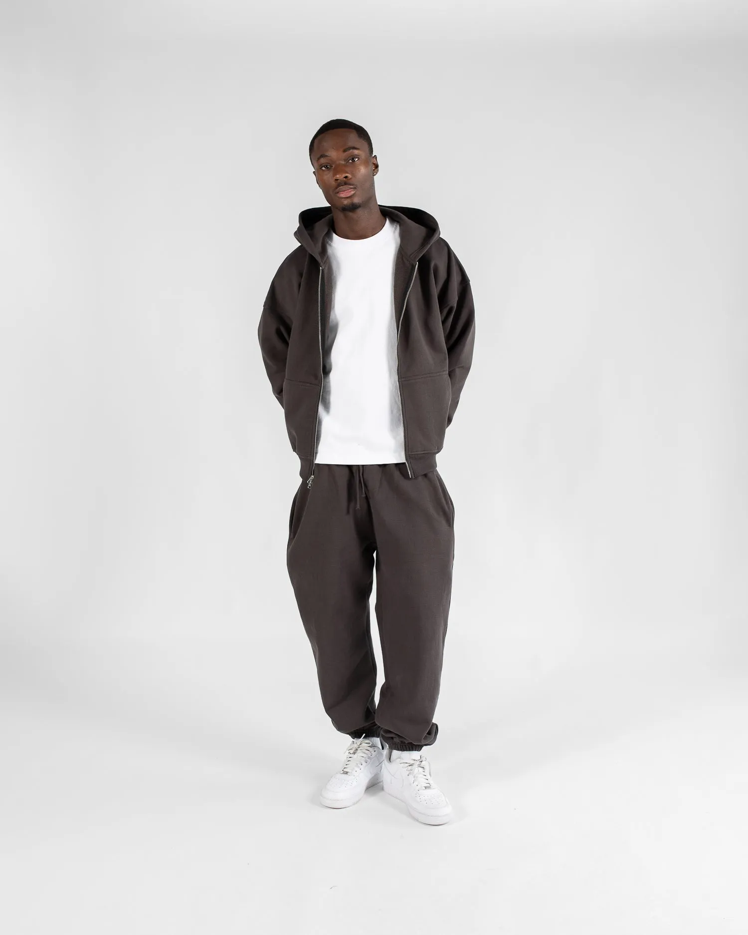 Drop Shoulder Zip Hoodie - Espresso