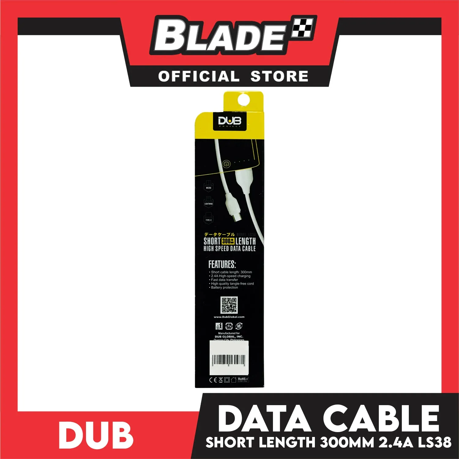 Dub Data Cable Short Length Type-C 2.4A LS38 300mm for Android