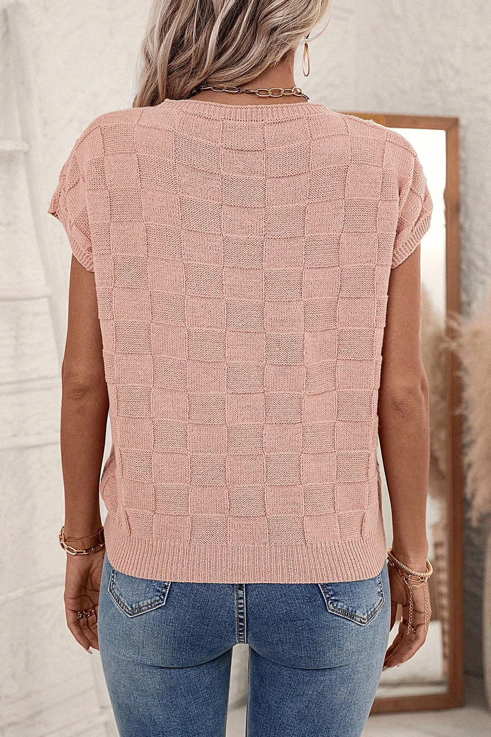Dusty Pink Lattice Textured Knit Short Sleeve Baggy Sweater