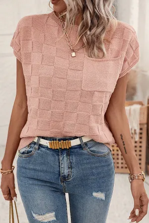 Dusty Pink Lattice Textured Knit Short Sleeve Baggy Sweater