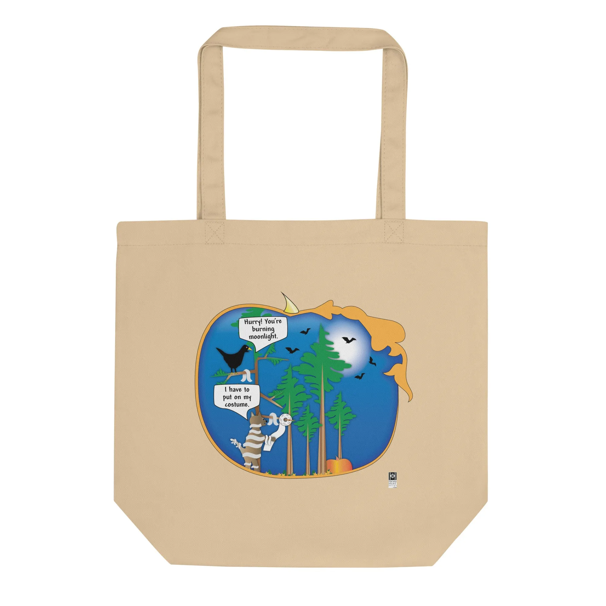 Eco Tote Bag with Halloween Cat Illustration, black or beige
