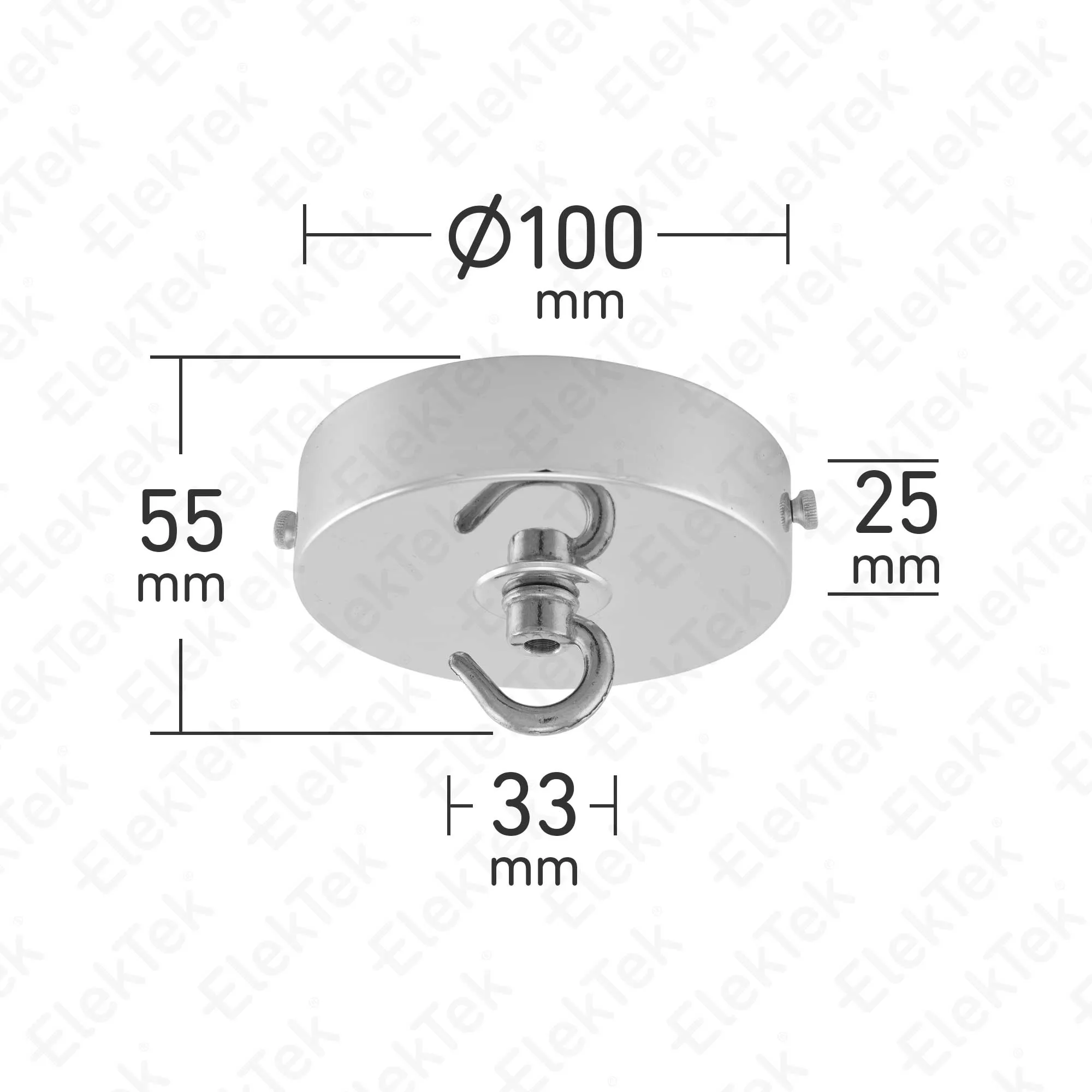ElekTek 100mm Diameter Flat Top Ceiling Rose with Strap Bracket and Hook Metallic Finishes Powder Coated Colours