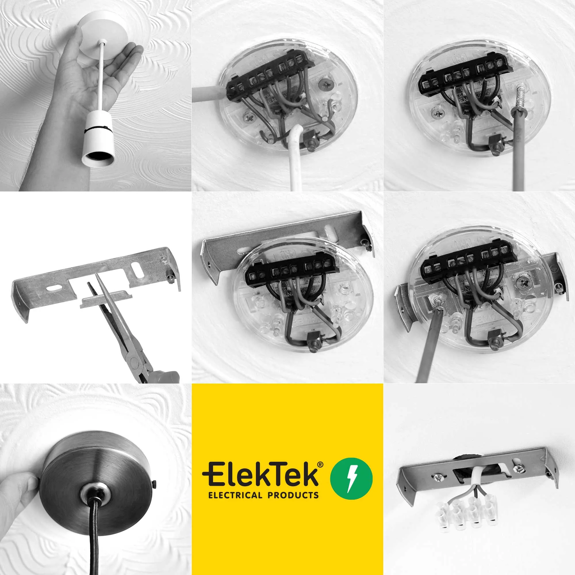 ElekTek 100mm Diameter Flat Top Ceiling Rose with Strap Bracket and Hook Metallic Finishes Powder Coated Colours