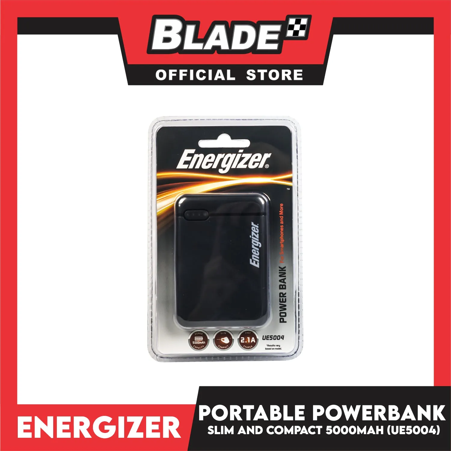 Energizer Power Bank 5000mAh UE5004 (Black) Slim Compact, Fast Charge 2.1A For Smartphones and More
