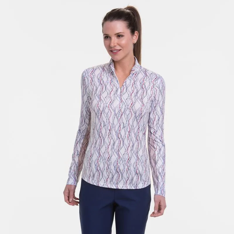 EP NY Long Sleeve Abstract Lattice Print Zip Mock Polo