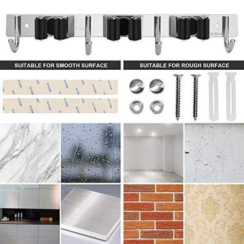 Favbal 2PCS Broom Mop Holder Wall Mount Stainless Steel Wall Mounted Storage Organizer Heavy Duty Tools Hanger for Kitchen Bathroom Closet Garage Office Garden