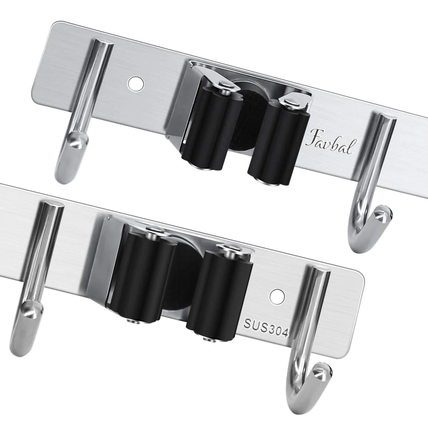 Favbal 2PCS Broom Mop Holder Wall Mount Stainless Steel Wall Mounted Storage Organizer Heavy Duty Tools Hanger for Kitchen Bathroom Closet Garage Office Garden
