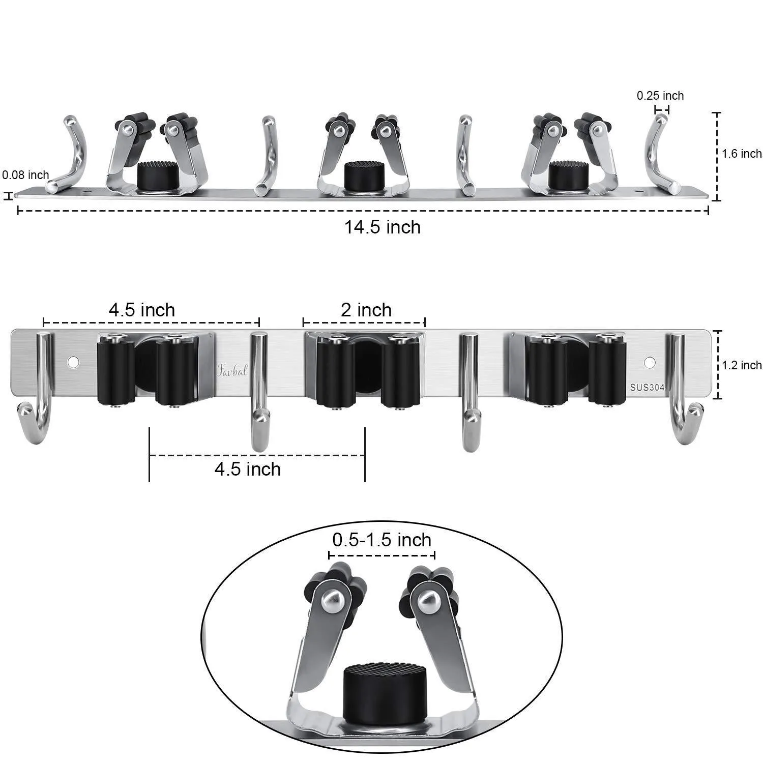 Favbal 2PCS Broom Mop Holder Wall Mount Stainless Steel Wall Mounted Storage Organizer Heavy Duty Tools Hanger for Kitchen Bathroom Closet Garage Office Garden