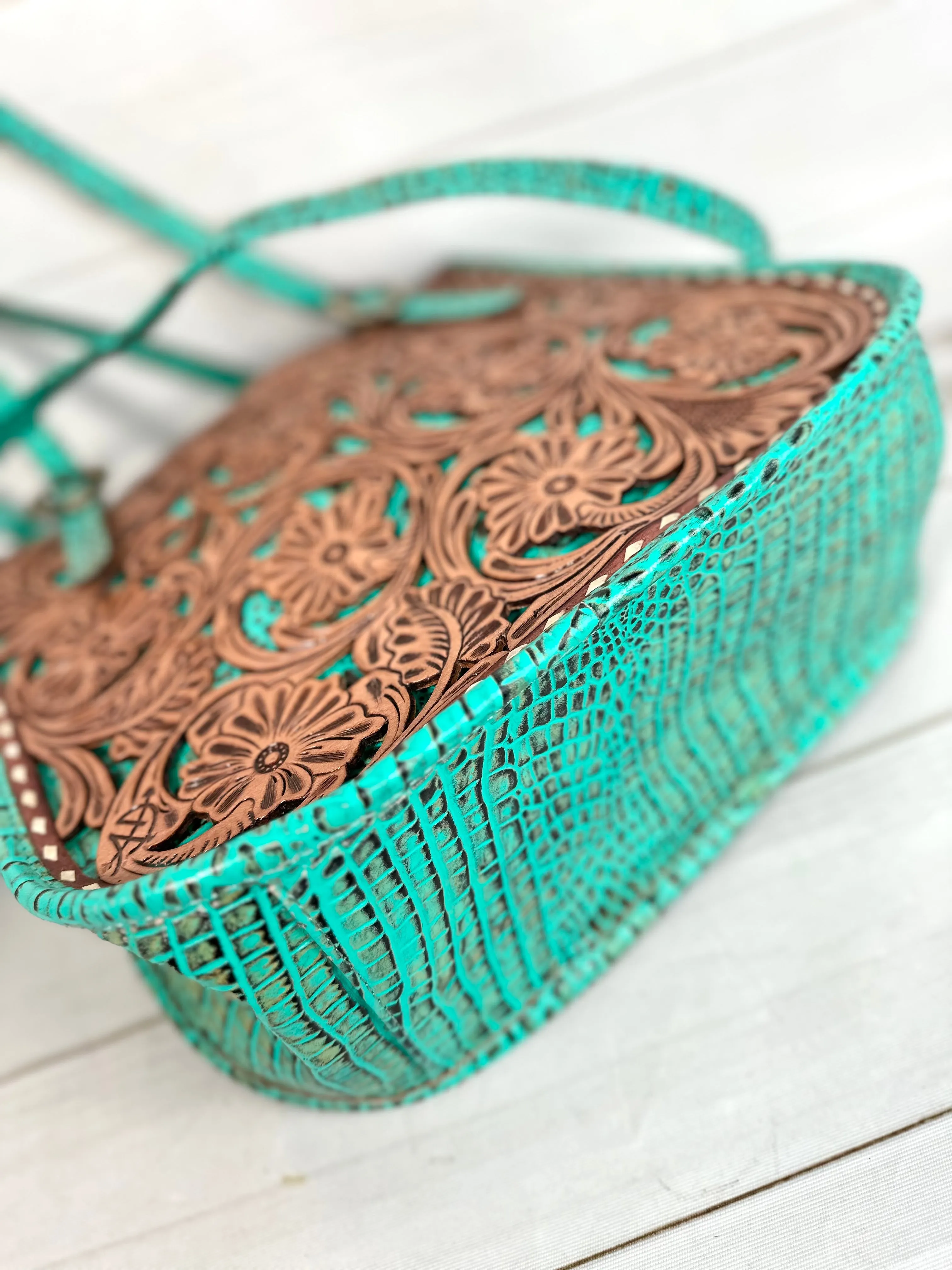 Floral and Alligator Tooled Leather Western Tote