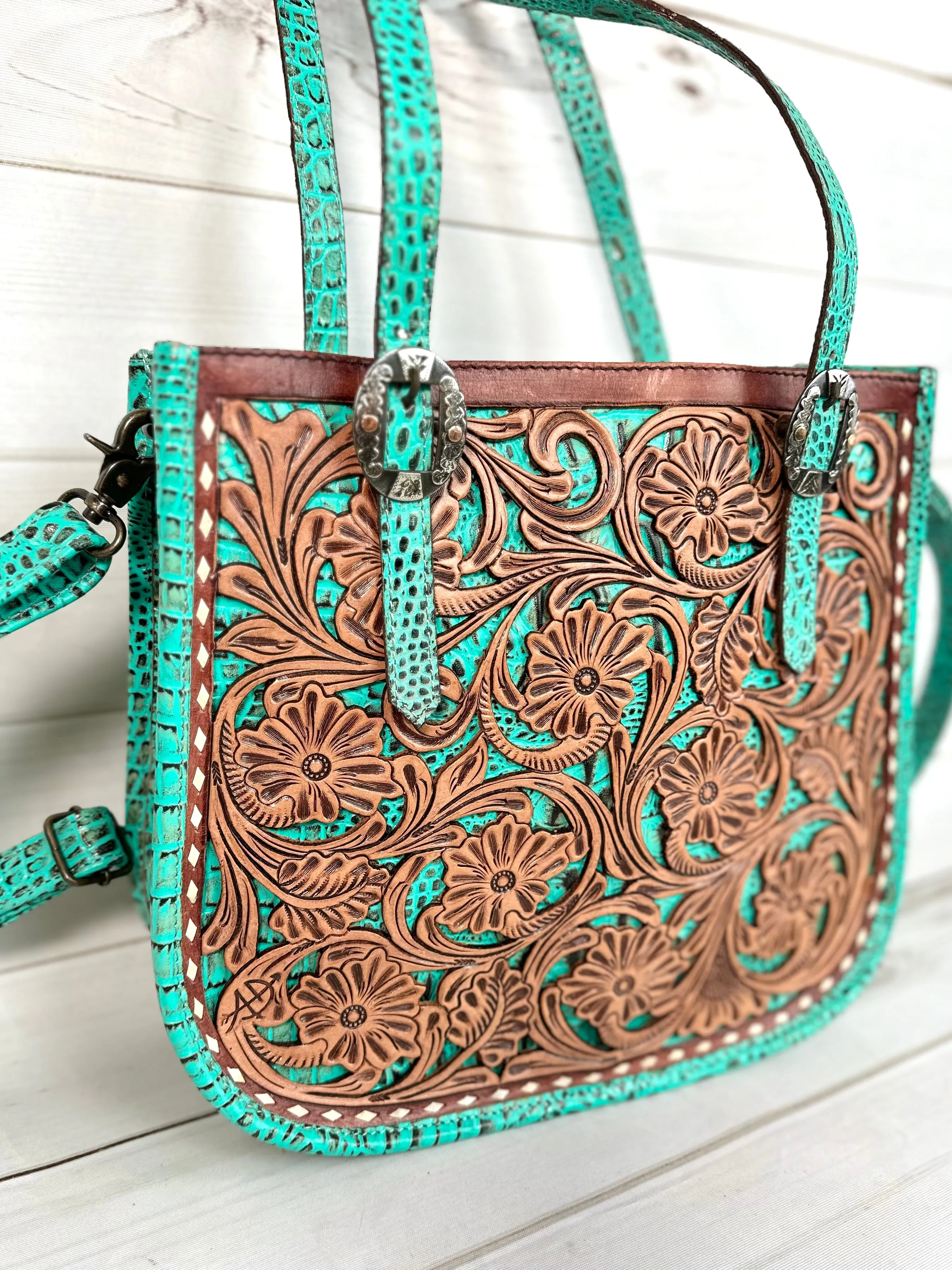 Floral and Alligator Tooled Leather Western Tote