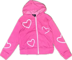 FLOWERS BY ZOE- White Hearts Zip-Up Hoodie (neon pink)