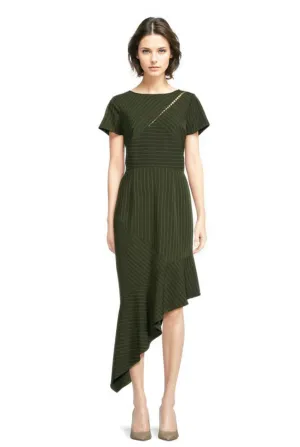 FOCUS by Shani — Pinstripe Asymmetrical Ruffle Hem Dress in Olive