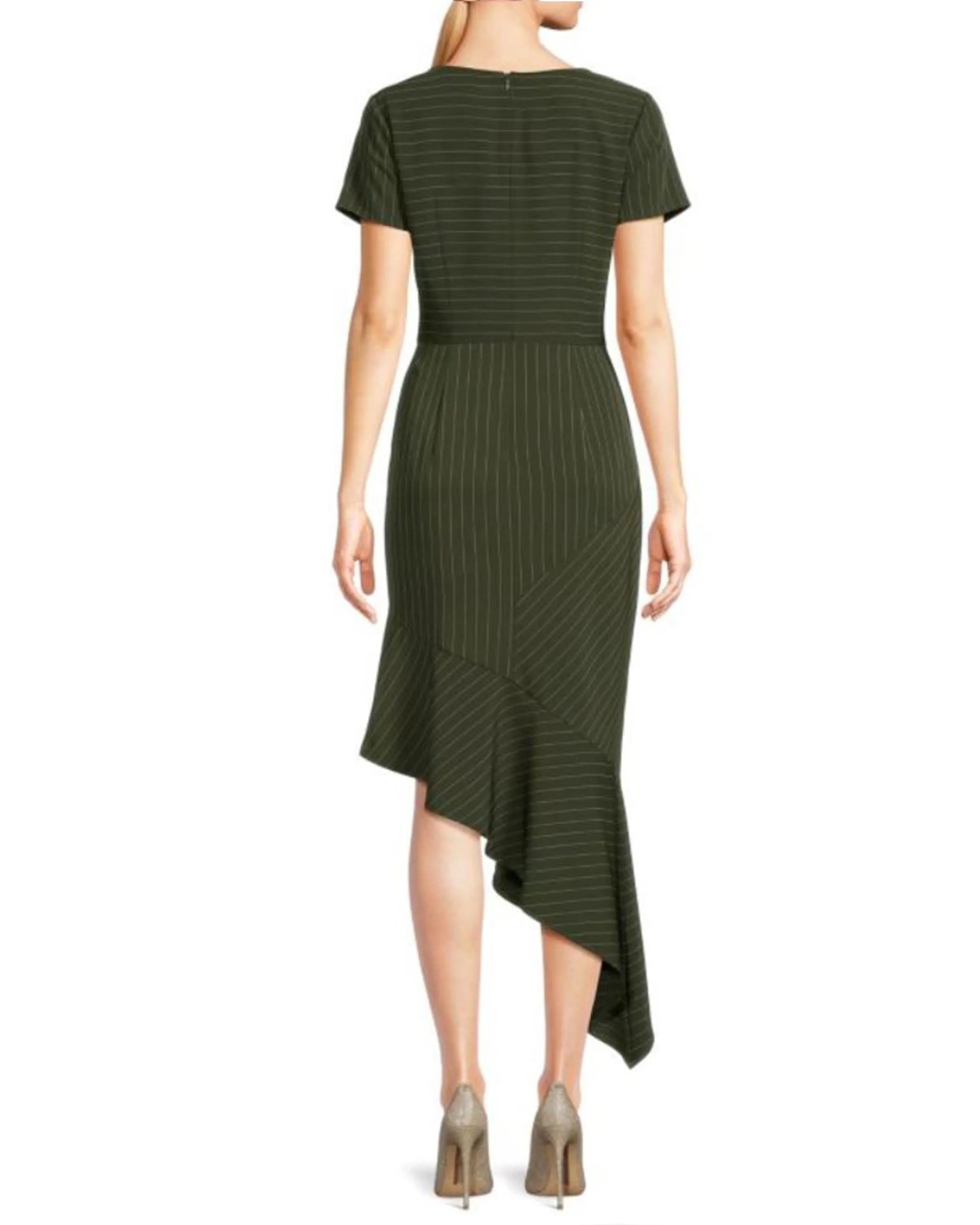 FOCUS by Shani — Pinstripe Asymmetrical Ruffle Hem Dress in Olive