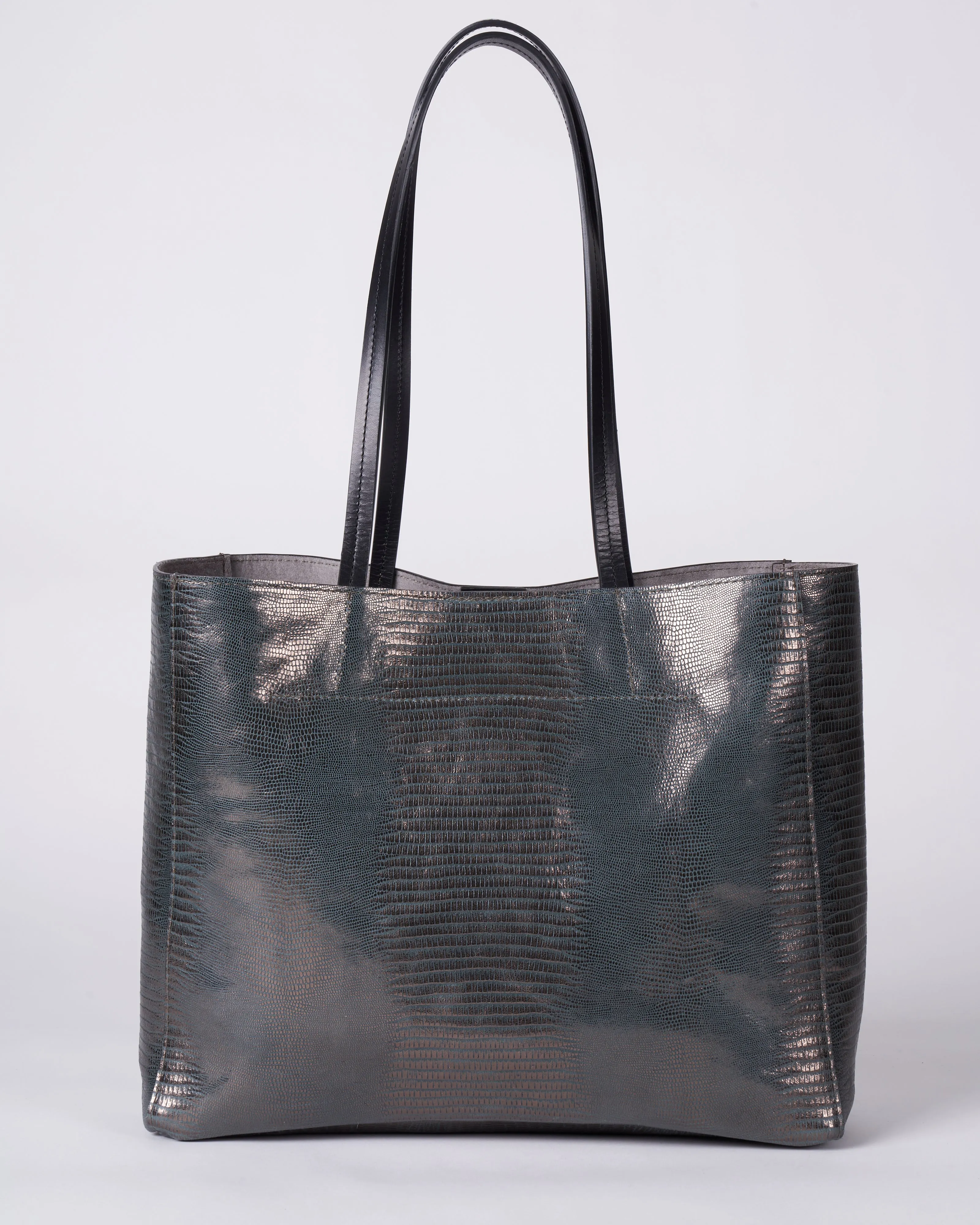 front pocket tote - metal embossed lizard